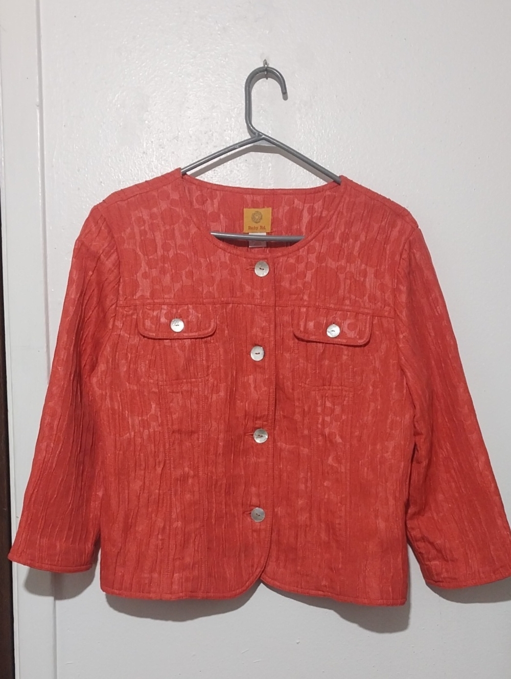 RUBY RD, Coral-Red Textured Button Front Jacket